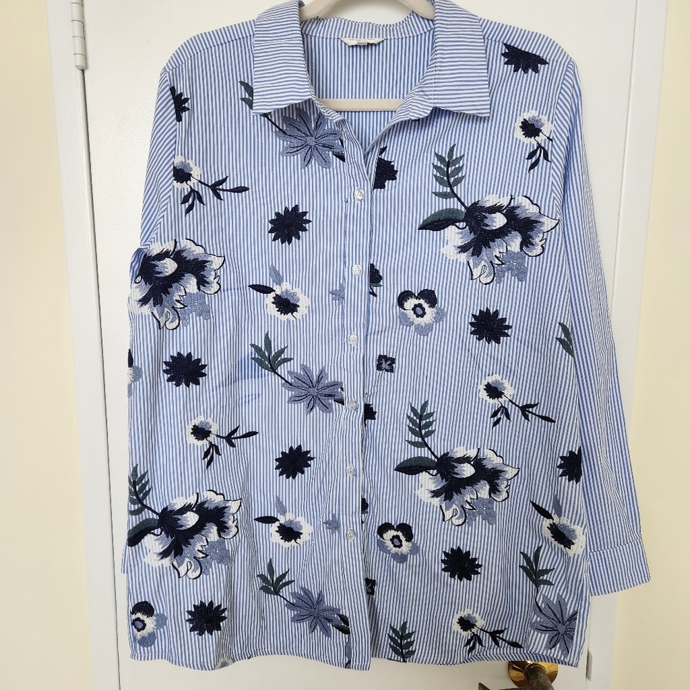 Simon Chang Blue Pinstripe Embroidered Button Down